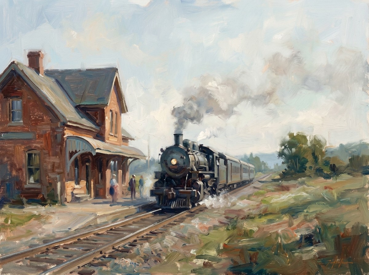 Oil painting of a steam locomotive arriving at a brick railway station house
